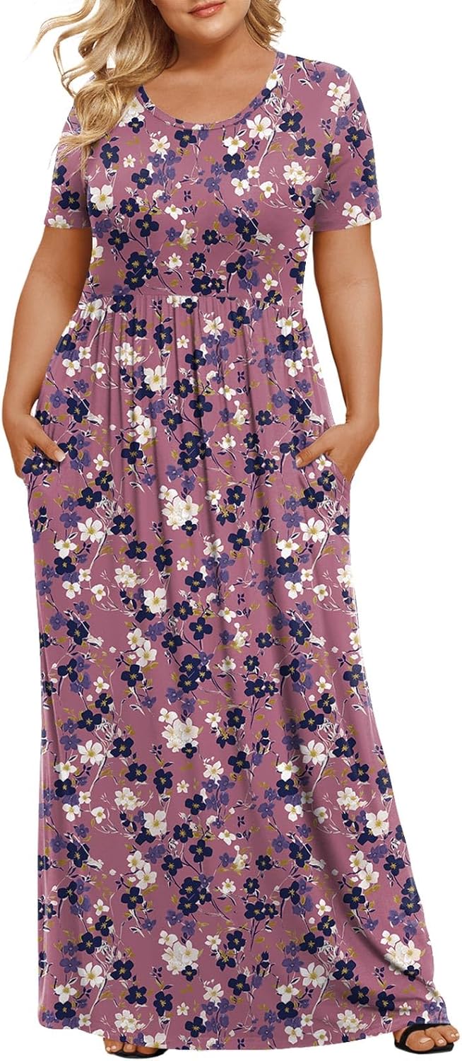 LONGYUAN Women's Plus Size Maxi Dresses for Curvy Women Summer Short Sleeve Casual 2025 Long Dress XL-6XL