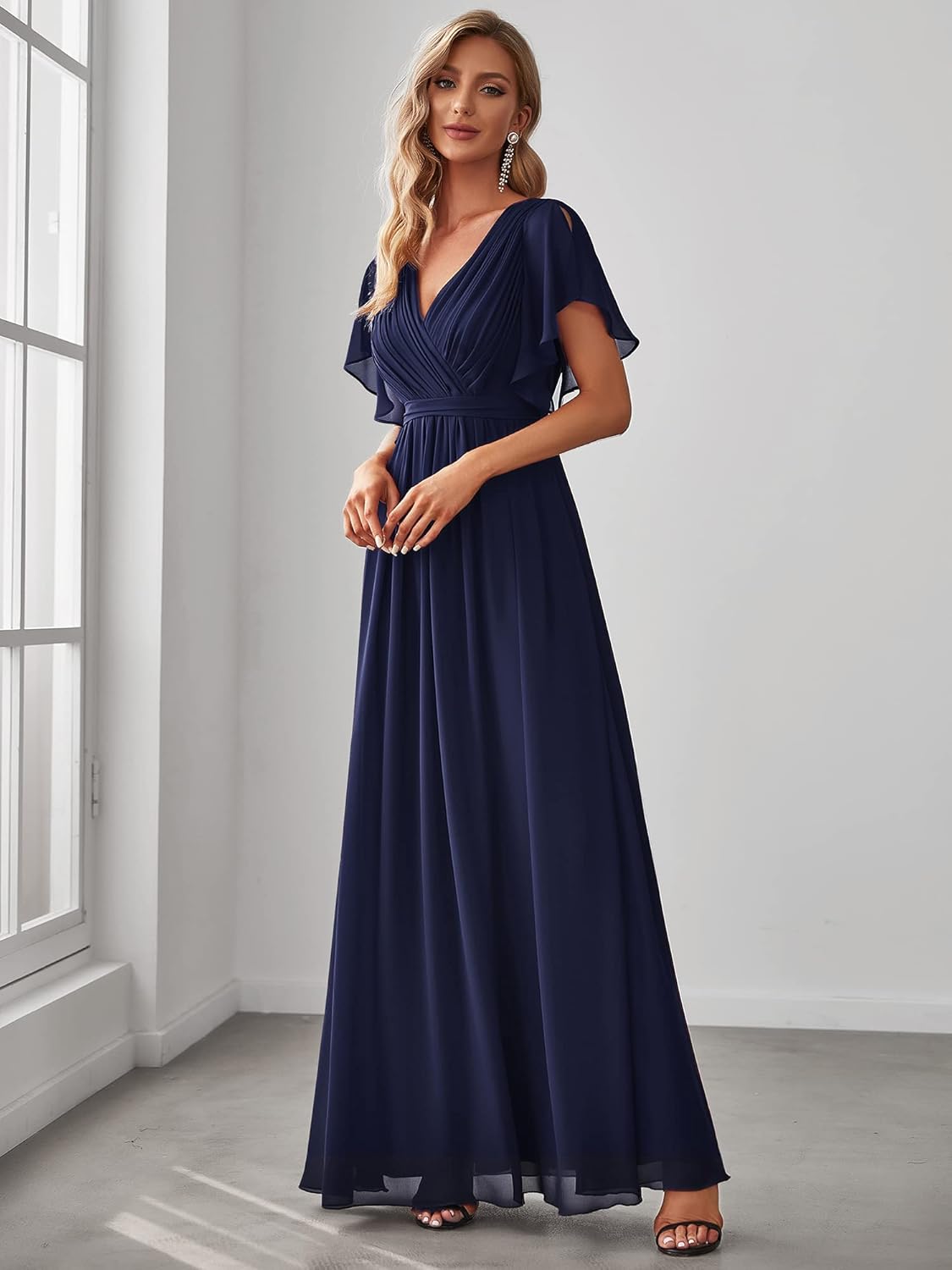 Ever-Pretty Women's Bridesmaid Dress V-Neck Ruffle Sleeves Ruched Bust Floor Length Chiffon Formal Dresses 0164A