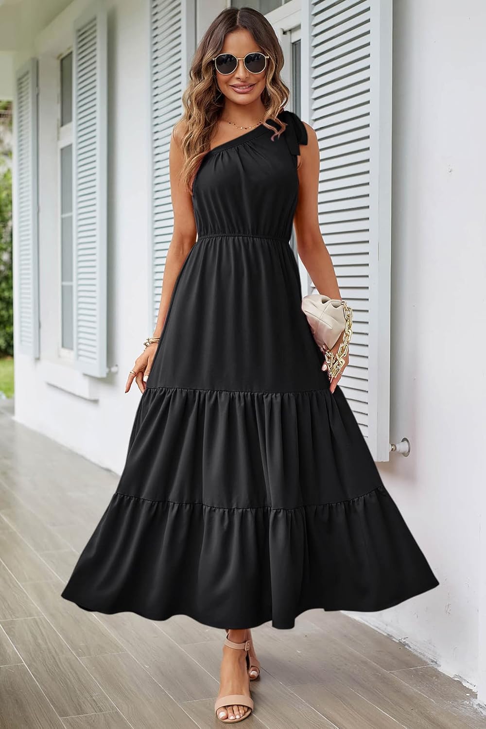 PRETTYGARDEN Women's Summer Floral Maxi Dress Knot One Shoulder Sleeveless Ruffle Flowy Boho Beach Wedding Guest Dresses