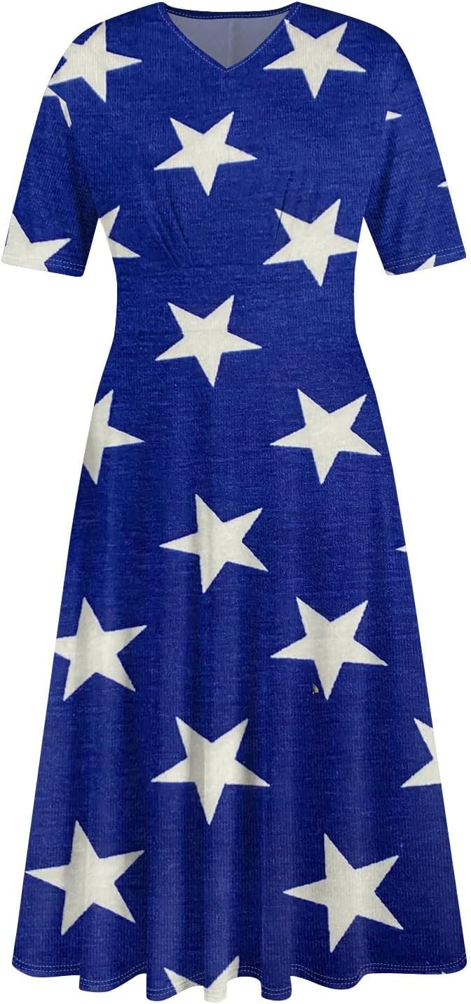 Women's Patriotic Star Print Midi Short Sleeve V-Neck Casual A-Line Dress for Summer Parties & Events