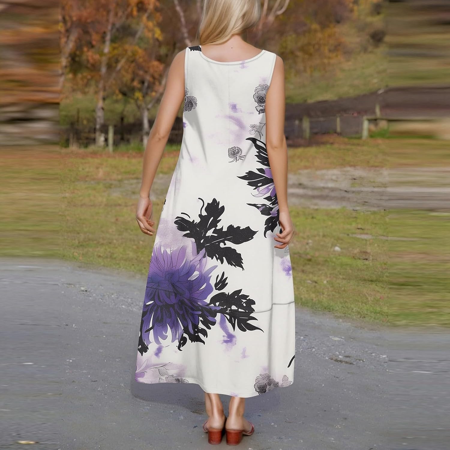 Womens Summer Tank Dress Vacation Boho Floral Long Dresses with Pockets Resort Wear Swing Beach Sleeveless Sundress