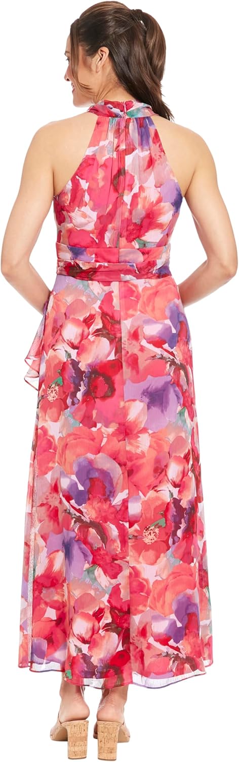 London Times V-Neck Waist Tie Ruffle Cascade Wedding Guest Dresses for Women