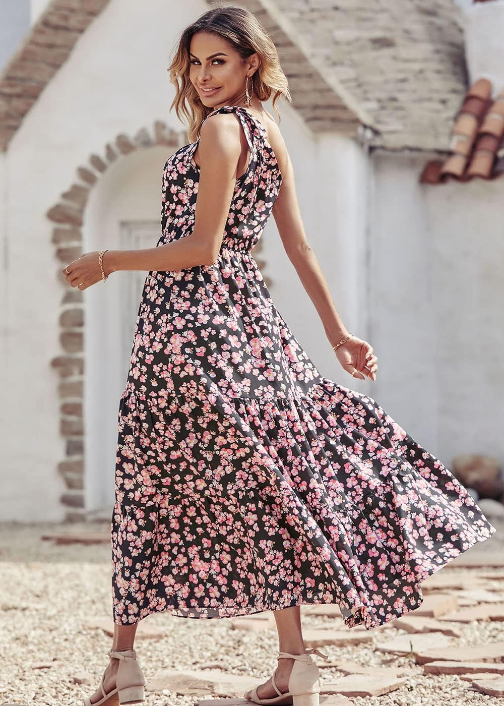PRETTYGARDEN Women's Summer Floral Maxi Dress Knot One Shoulder Sleeveless Ruffle Flowy Boho Beach Wedding Guest Dresses