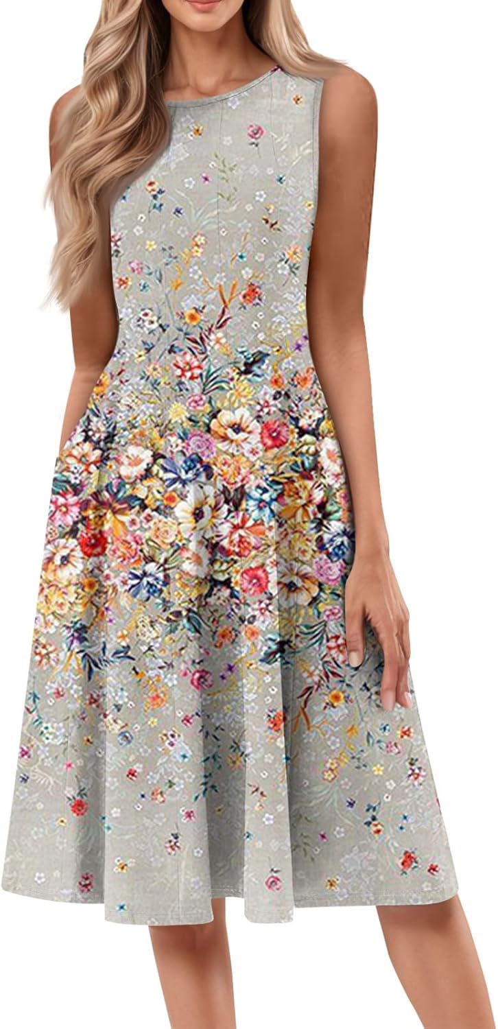 Womens Tank Sundress 2025 Casual Floral Print Tshirt Dress Swing Sleeveless Midi Dress Crewneck Pleated Summer Dresses