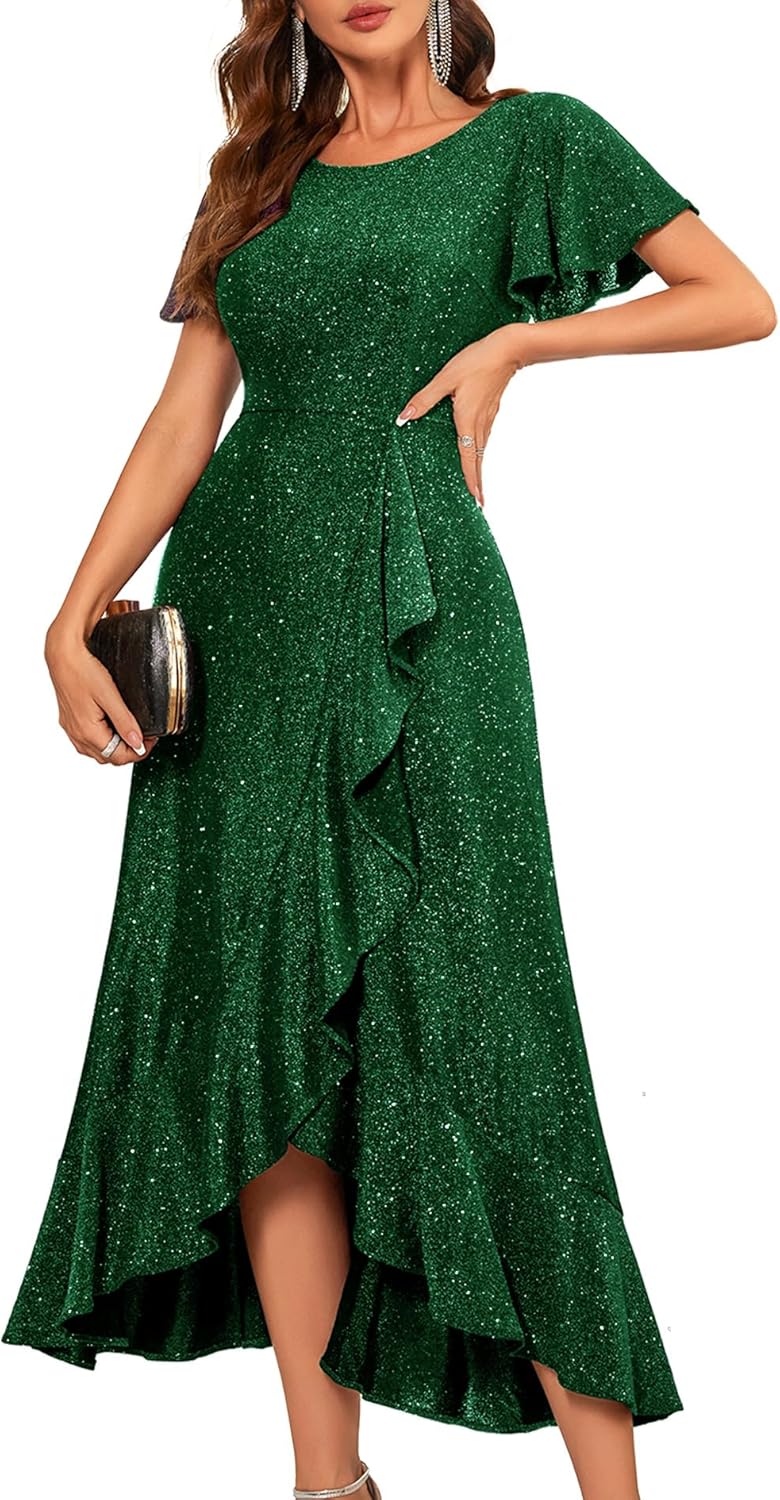 BeryLove Women Sequin Formal Party Dress Flutter Short Sleeve Wedding Cocktail Long Evening Dress