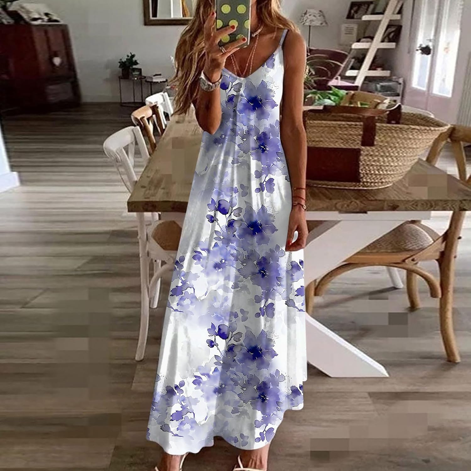 Womens Floral Maxi Dresses Spaghetti Strap Casual Summer Long Dress Vneck Flowy Boho Beach Sundress Vacation Outfits