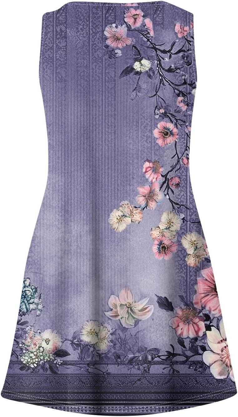 Women's Sleeveless Floral Print Summer Dress Casual V-Neck A-Line Mini Dress for Beach Party and Daily Wear