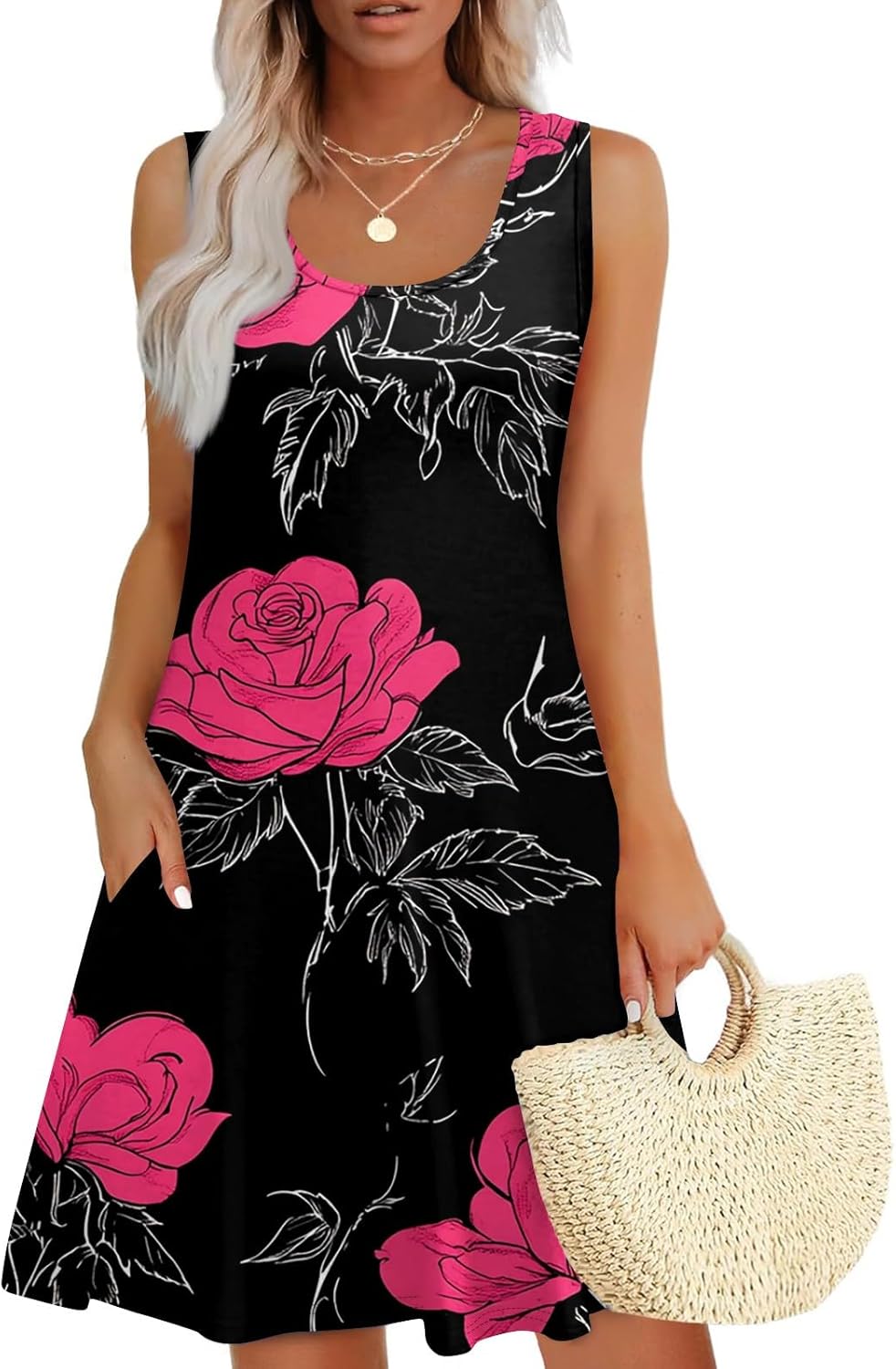Women's Casual Sundress with Pockets Summer Boho Beach Dress,Holiday Hresses for Woment-Shirts Dress U Neck Loose Tank