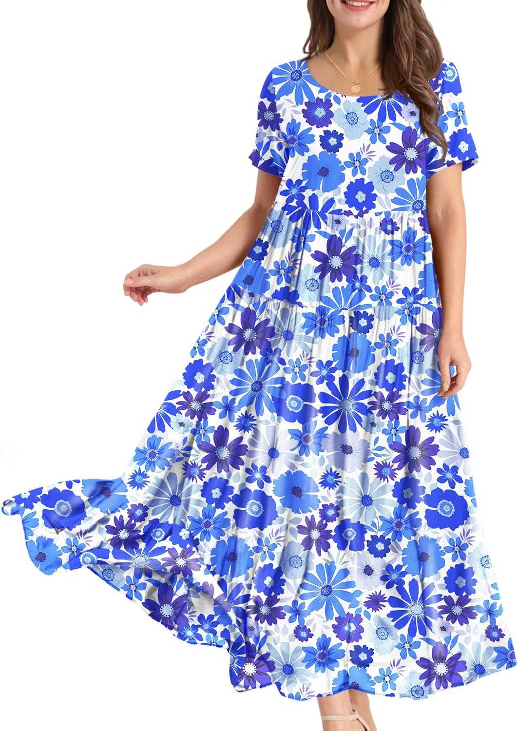 YESNO Women Casual Loose Bohemian Floral Dress with Pockets Short Sleeve Long Maxi Summer Beach Swing Dress EJF