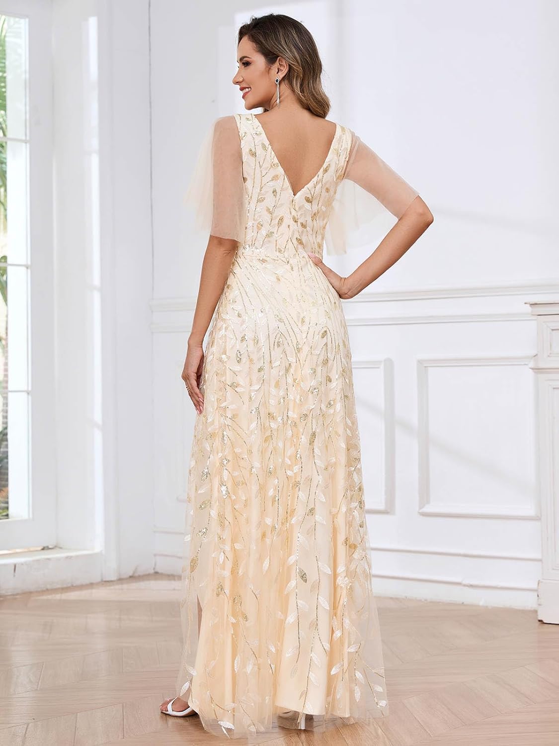 Women's Short Sleeve Mother of The Bride Dresses for Wedding Sparkly Sequin Long Formal Evening Dresses