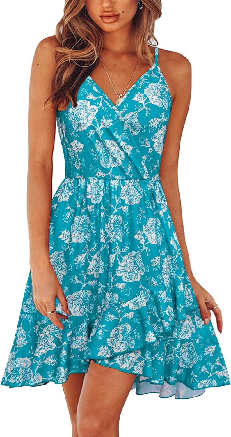 ULTRANICE Womens Summer Dresses Floral V Neck Ruffled Hem Spaghetti Spring Casual Beach Outfits Flowy Wrap Sun Dress