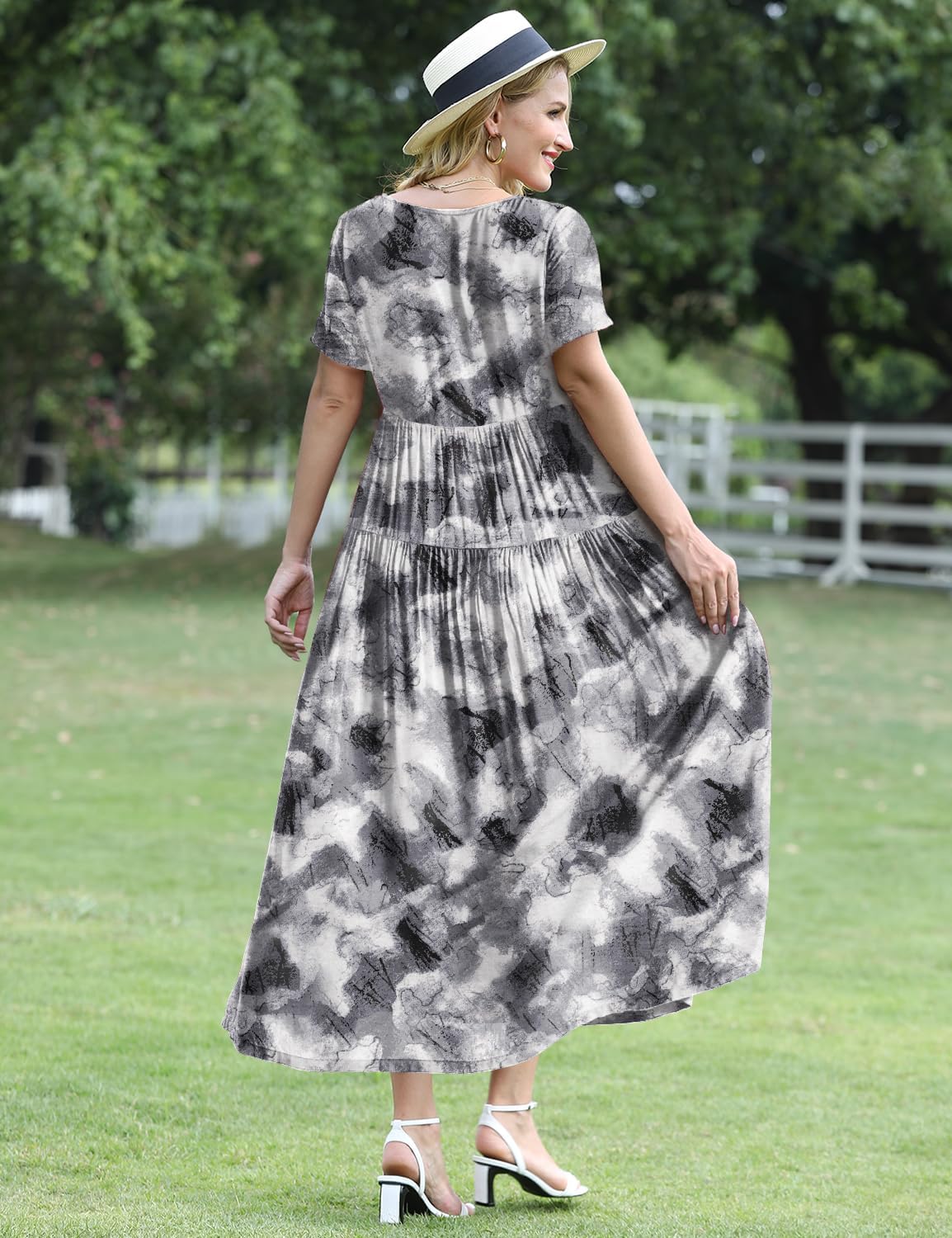 YESNO Women Casual Loose Bohemian Floral Dress with Pockets Short Sleeve Long Maxi Summer Beach Swing Dress EJF