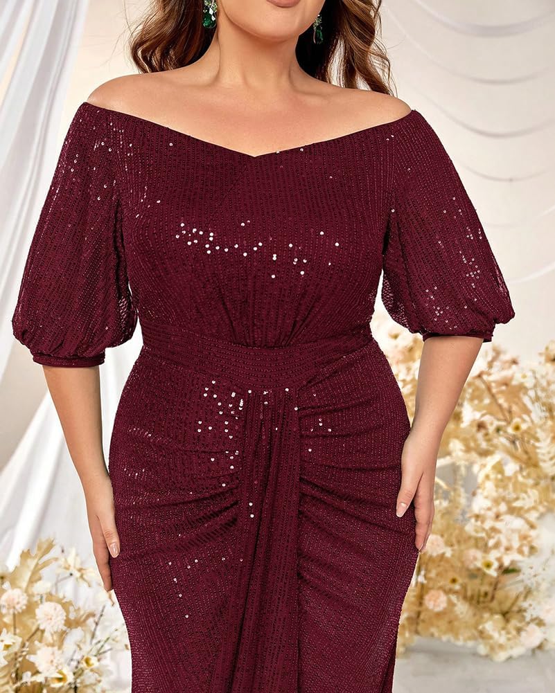 Women's Plus Size Off Shoulder Puff Sleeve Sequin Formal Maxi Dress Evening Party Gowns