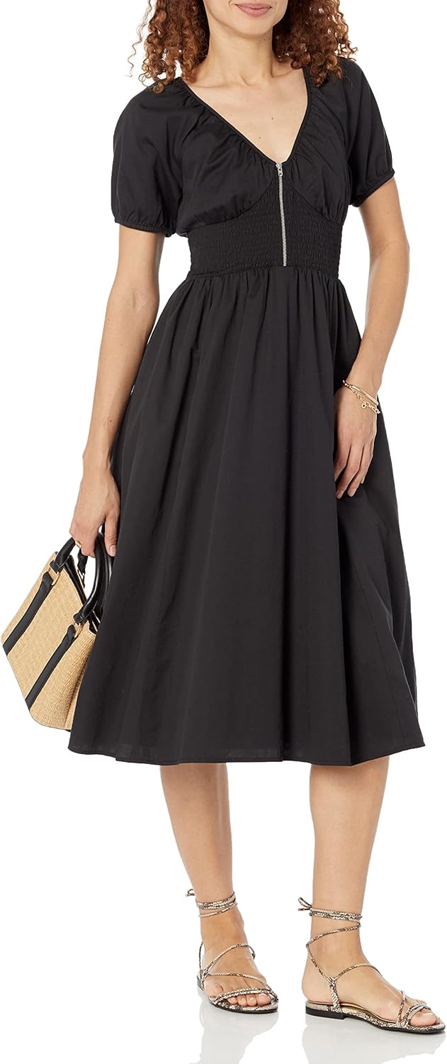 The Drop Women's Daksha Cotton Smocked Zipper Detail Dress, Black, XS
