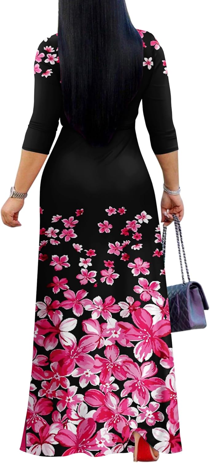 FANDEE Plus Size Maxi Dress for Women Casual Summer Sundress V-Neck 3/4 Sleeve
