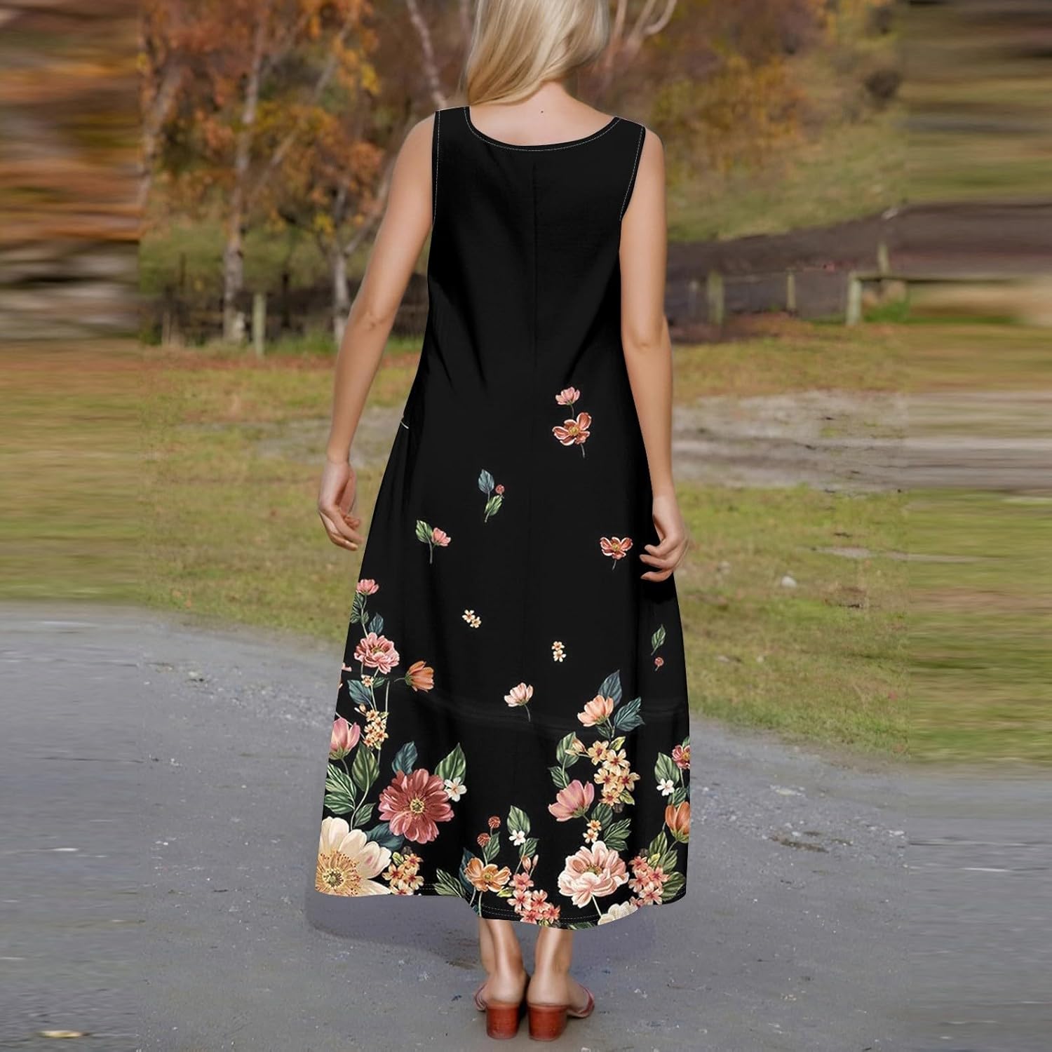Womens Summer Tank Dress Vacation Boho Floral Long Dresses with Pockets Resort Wear Swing Beach Sleeveless Sundress