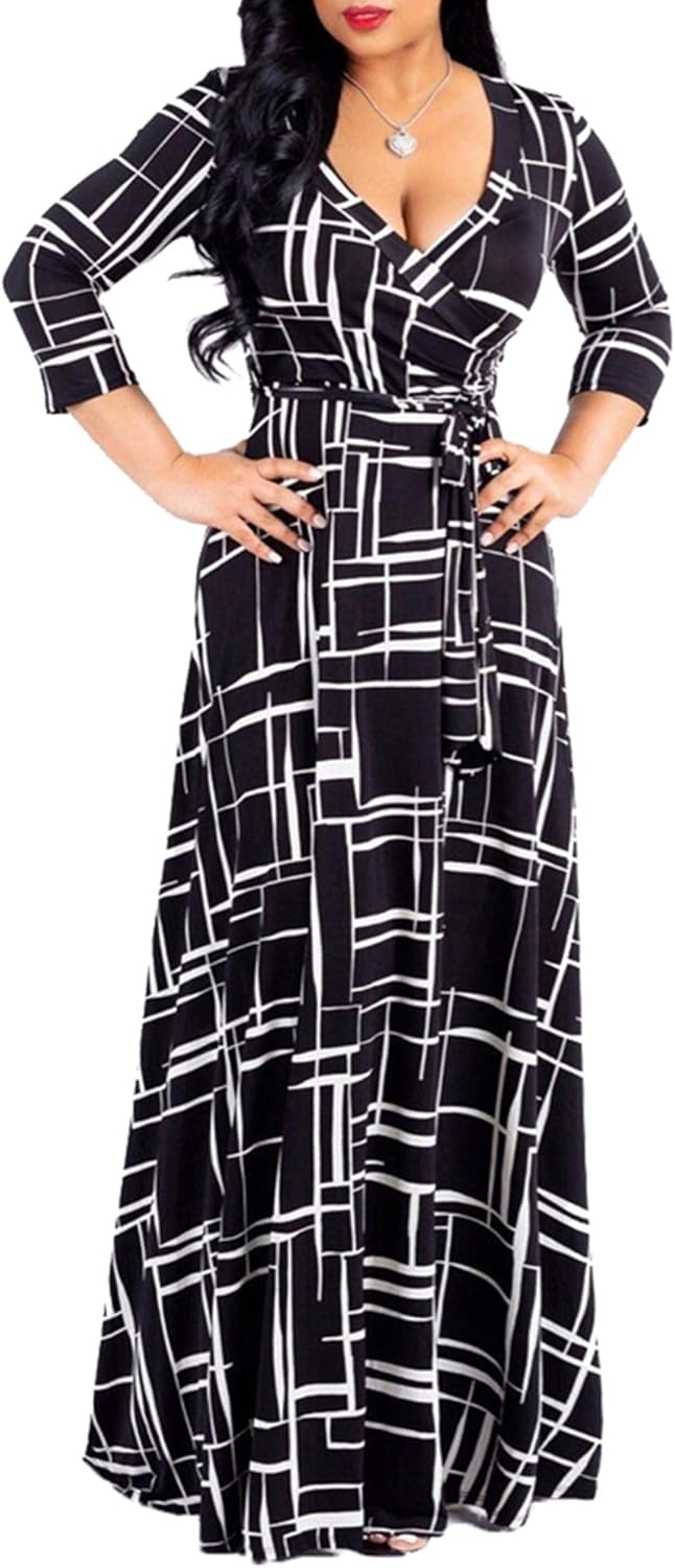 FANDEE Plus Size Maxi Dress for Women Casual Summer Sundress V-Neck 3/4 Sleeve