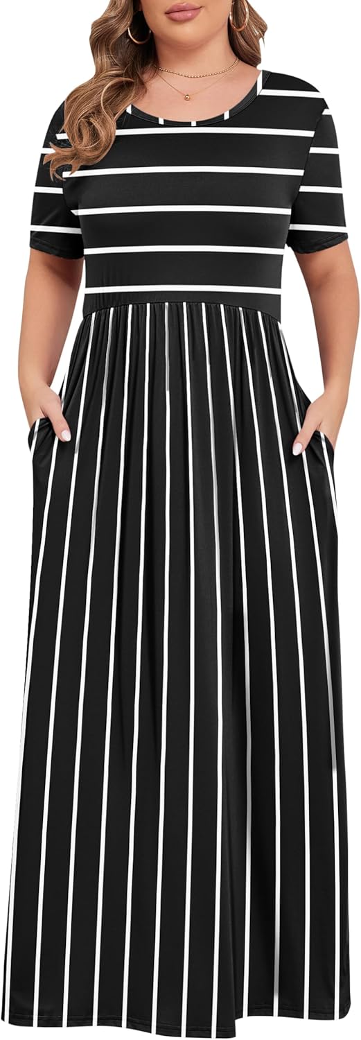 KARALIN Women’s Plus Size Maxi Dresses for Curvy Women Summer Casual Short Sleeve 2025 Long Dress 14W-26W