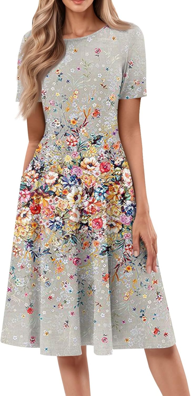 Summer Dresses for Women 2025 Crew Neck Short Sleeve Boho Beach Vacation Floral/Solid Midi Sundresses with Pockets
