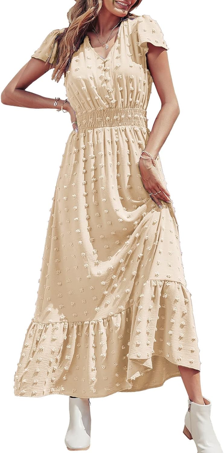 PRETTYGARDEN Womens Dresses 2025 Summer Maxi Dress Boho Short Sleeve V Neck Swiss Dot Ruffle Tiered Smocked Flowy Long Dress