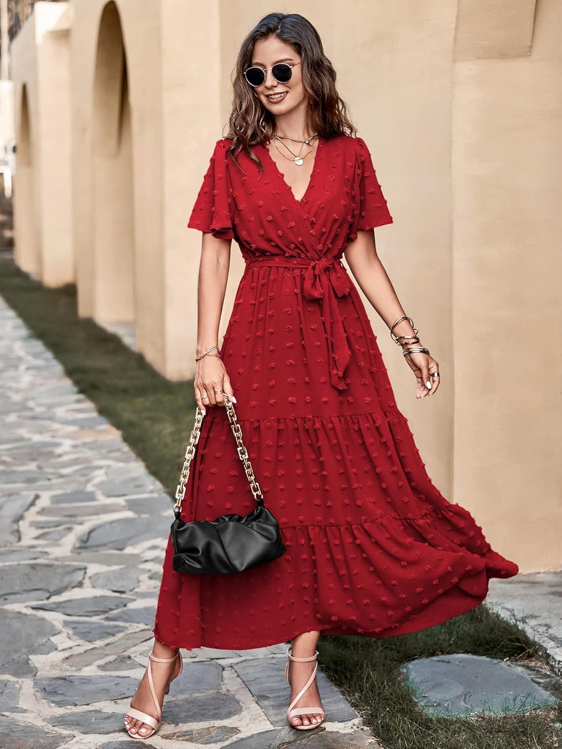 MASCOMODA Womens Boho Swiss Dot Maxi Dresses Wrap V Neck Flutter Short Sleeve Solid Tie Belt A Line Tiered Flowy Long Dress