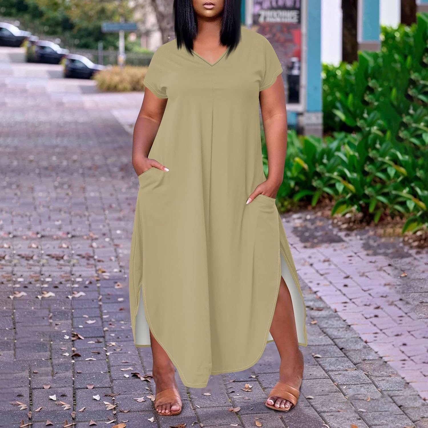 Maxi Dresses for Women 2025 Plus Size Tie Dye V Neck Dress Short Sleeve Side Split Beach Summer Sundress with Pocket
