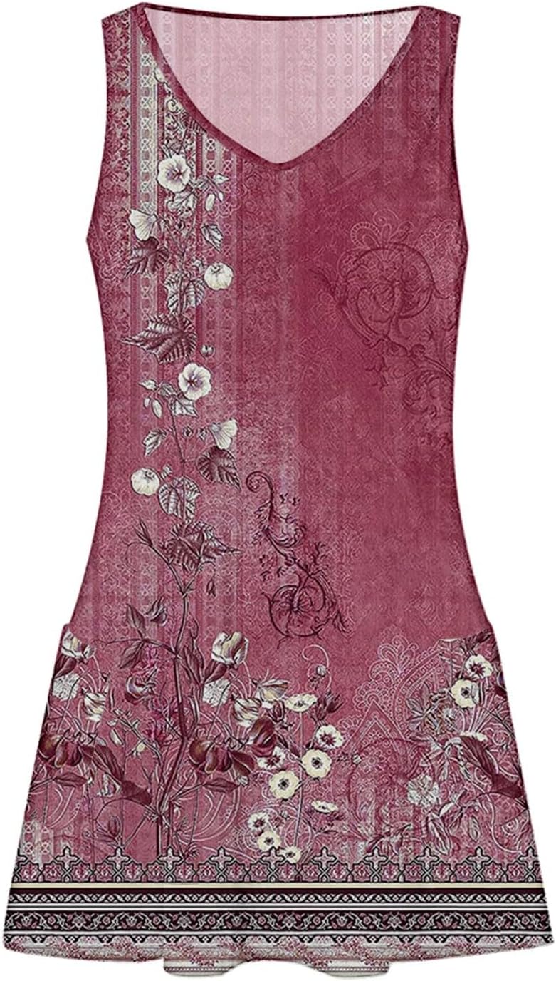Women's Summer Dresses 2025 Beach Casual Sleeveless Floral Print Boho Tank Dress V Neck Ruffle Dresses