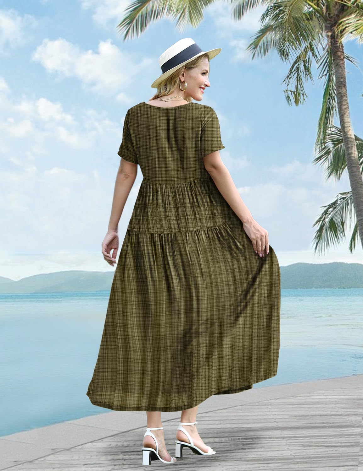 YESNO Women Casual Loose Bohemian Floral Dress with Pockets Short Sleeve Long Maxi Summer Beach Swing Dress EJF