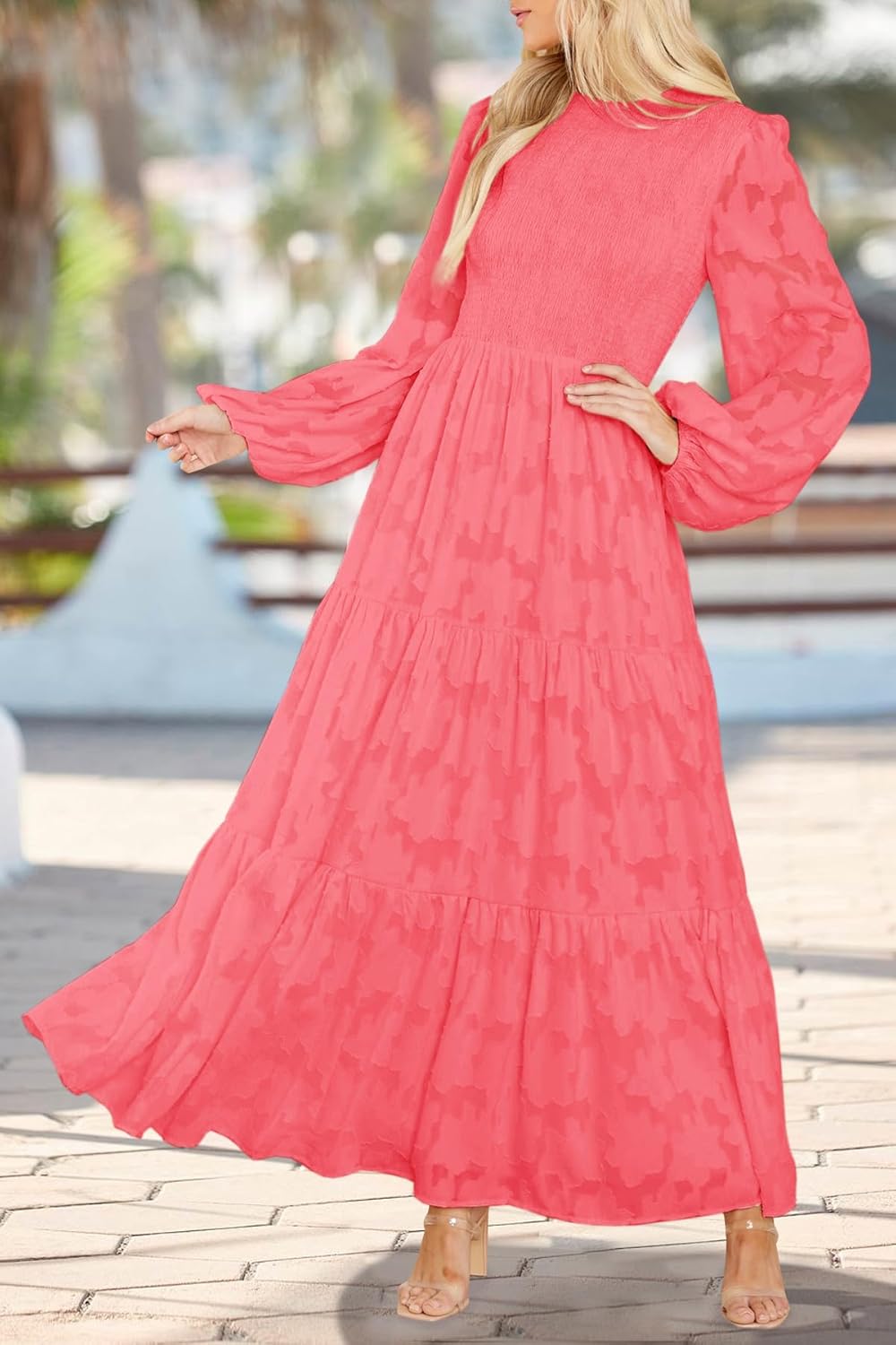 MITILLY Women's Elegant Floral Long Sleeve Round Neck Smocked A-Line Flowy Tiered Maxi Dress with Pockets