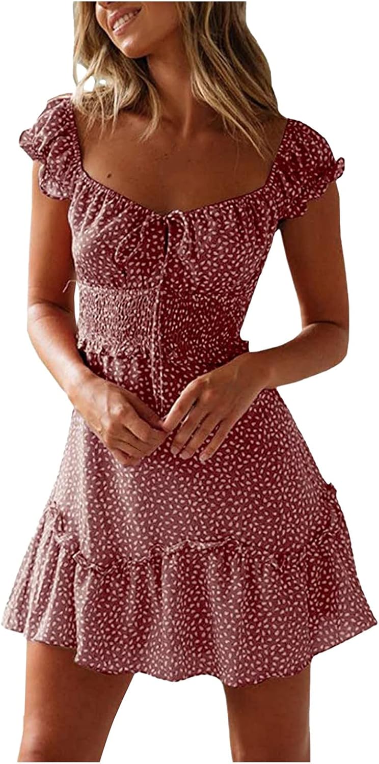 iQKA Women Short Mini Dress Summer Bohemian Floral Print Short Sleeve Square Neck Sexy Babydoll Dresses S-3XL