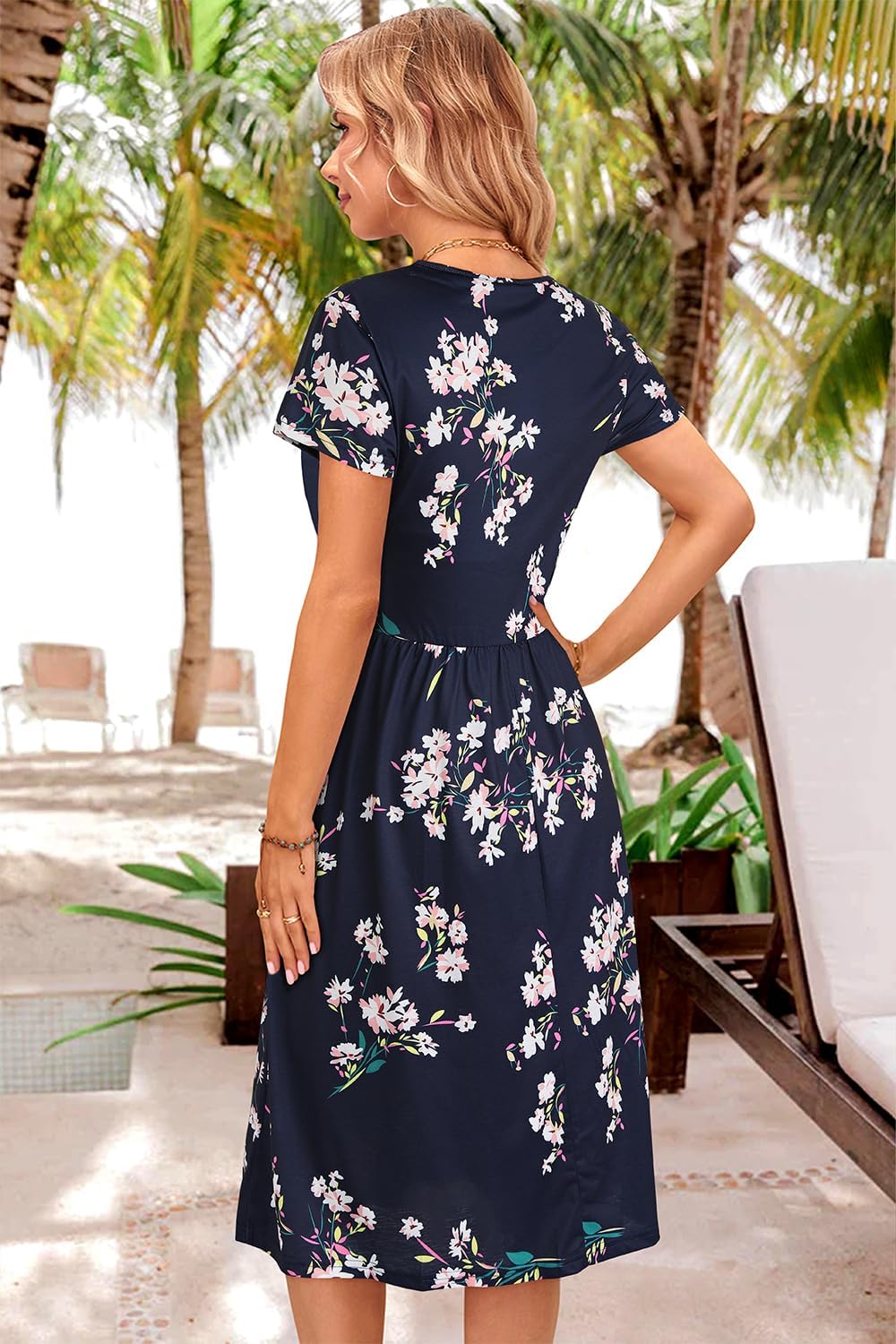 OUGES Women's Summer Short Sleeve V-Neck Floral Short Party Dress with Pockets