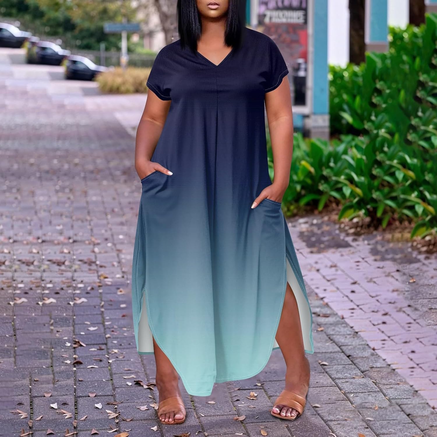 Maxi Dresses for Women 2025 Plus Size Tie Dye V Neck Dress Short Sleeve Side Split Beach Summer Sundress with Pocket