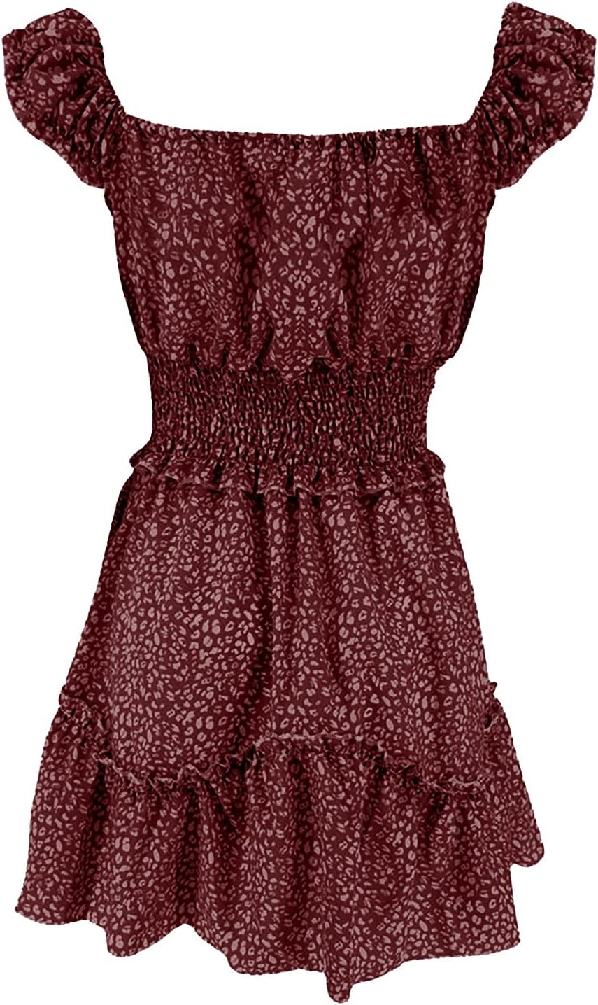 iQKA Women Short Mini Dress Summer Bohemian Floral Print Short Sleeve Square Neck Sexy Babydoll Dresses S-3XL
