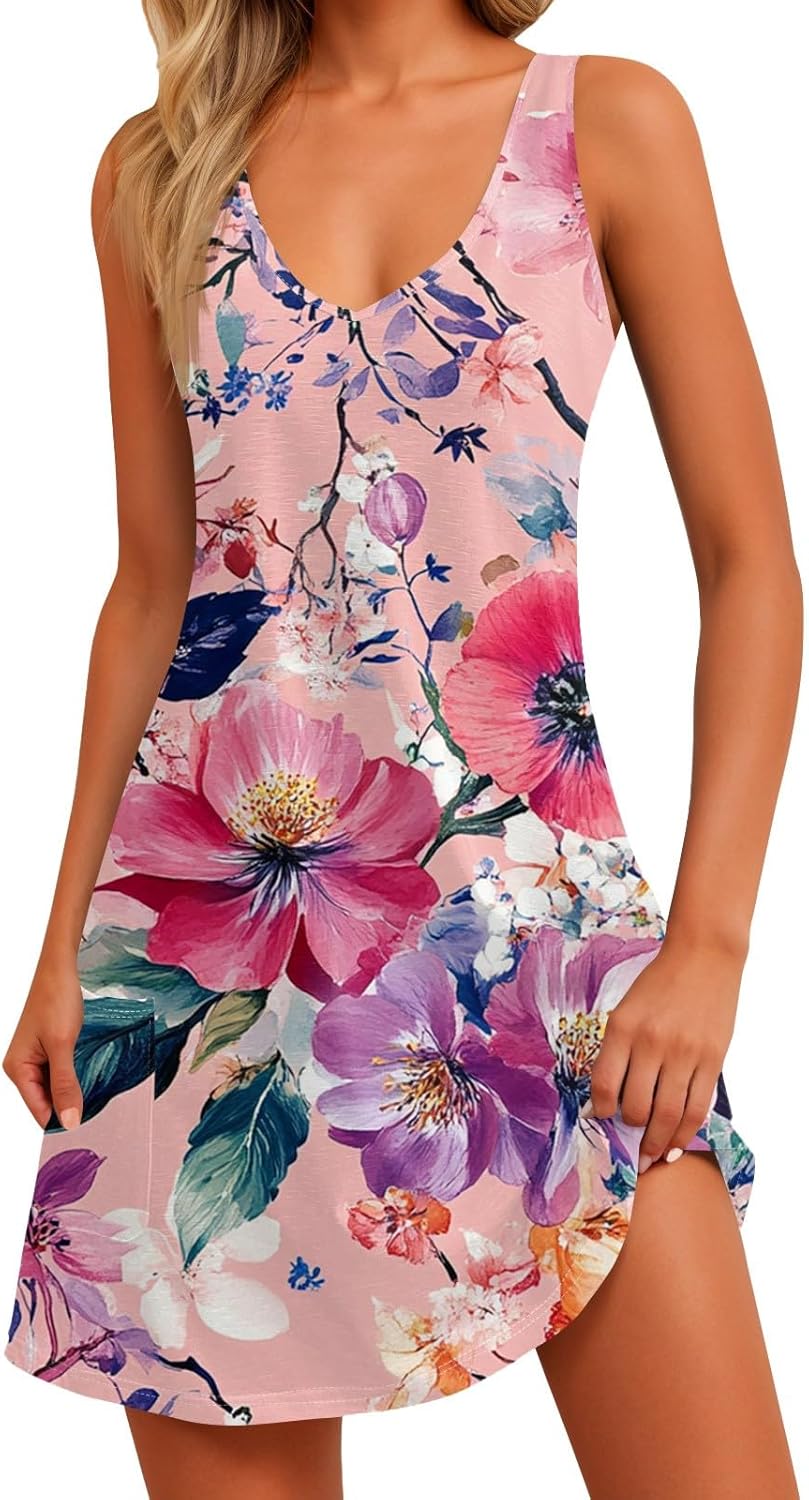 NBXNZWF Women Summer Casual Dress 2025 Casual Loose Sleeveless V-Neck Sundresses A Line Tshirt Beach Dresses with Pockets