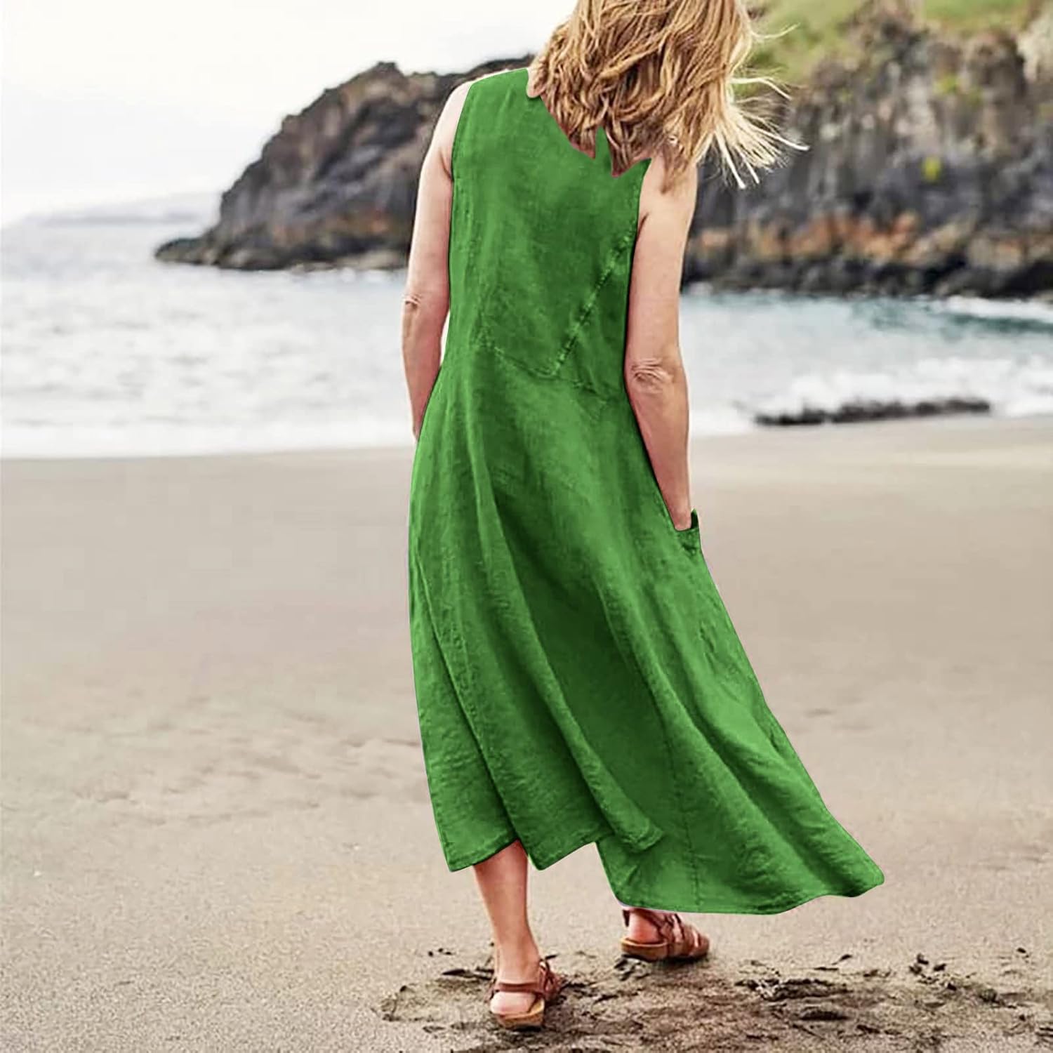 Women's Casual Sleeveless Dresses, Cotton Linen Pocket Dresses Summer Dresses for Women 2024 Sundresses Beach Dress