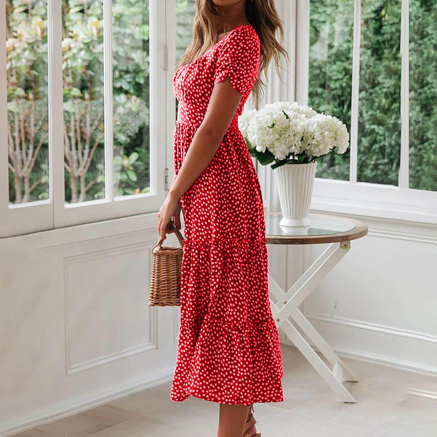 Womens Short Sleeve Dress Dress for Women Scoop Neck Chiffon Beach Hawaiian Pleated Maxi Long Dress 2025