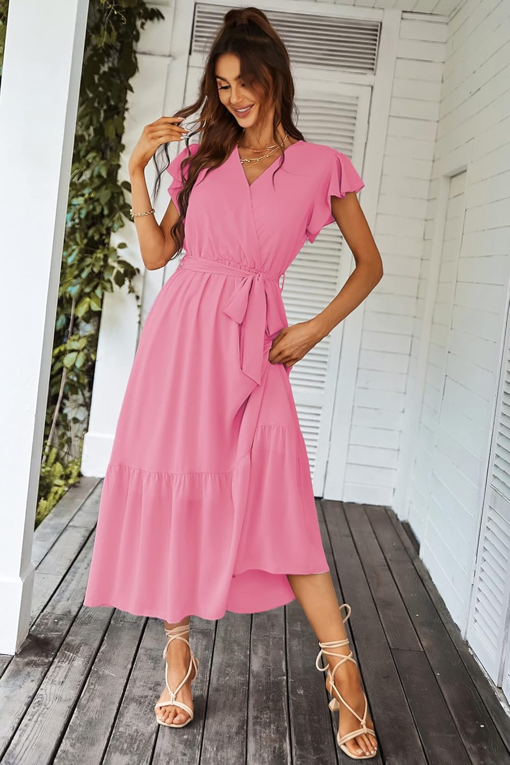PRETTYGARDEN Women's Summer Floral Boho Dress Wrap V Neck Short Sleeve Ruffle A-Line Flowy Maxi Wedding Guest Dresses