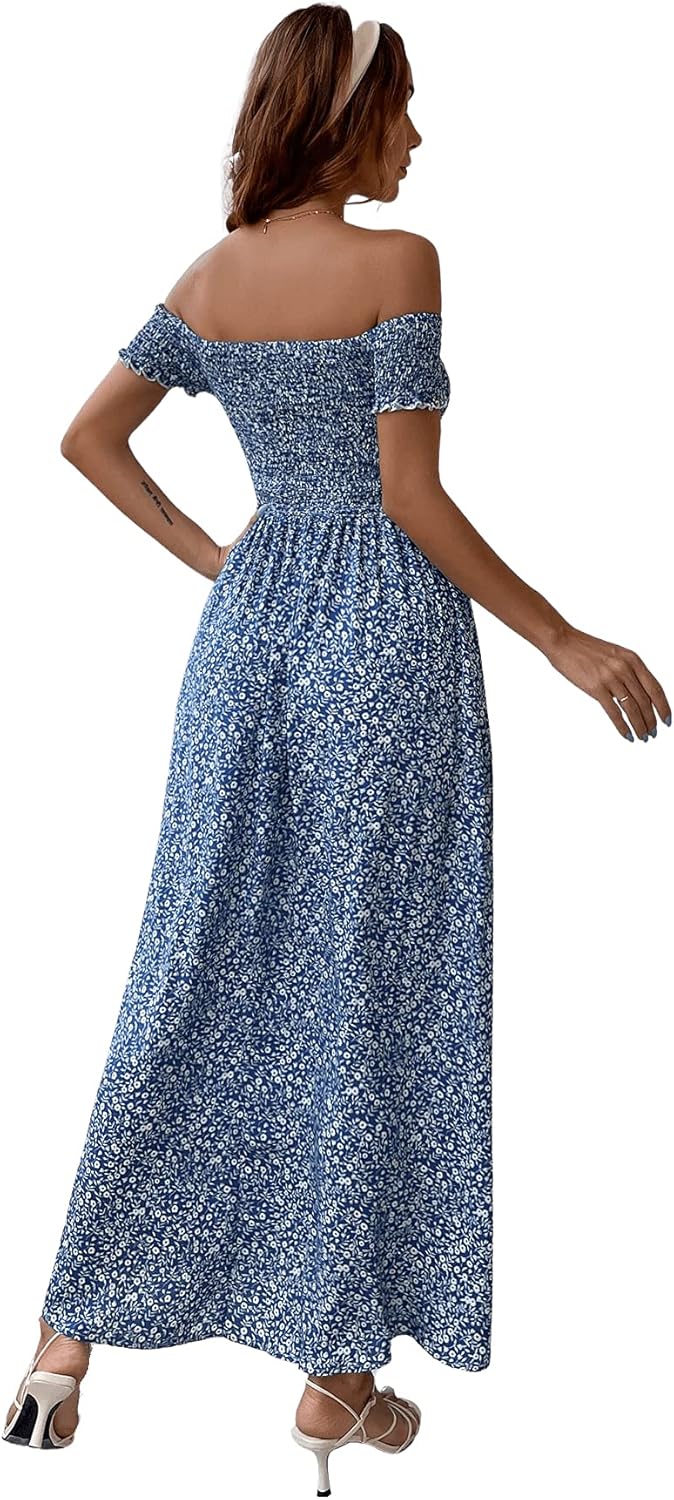 Floerns Women's Boho Floral Print Off Shoulder Split Long A Line Dress