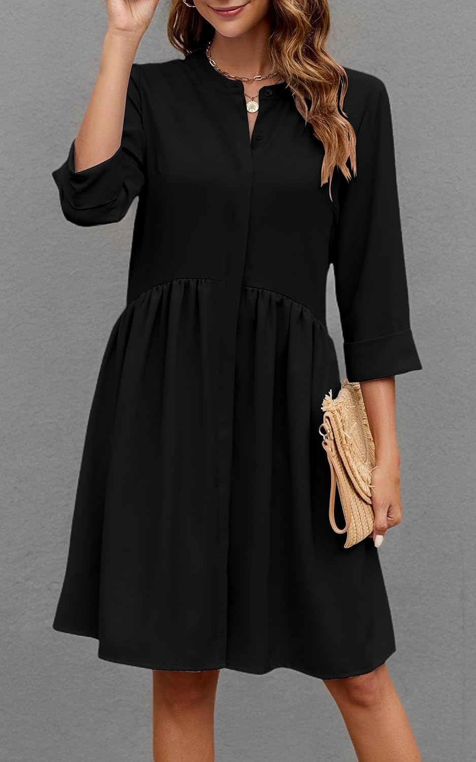 CCTOO Women's Summer Dresses Casual V Neck Button Down 3/4 Sleeve Floral Print Loose Flowy Shirt Dress