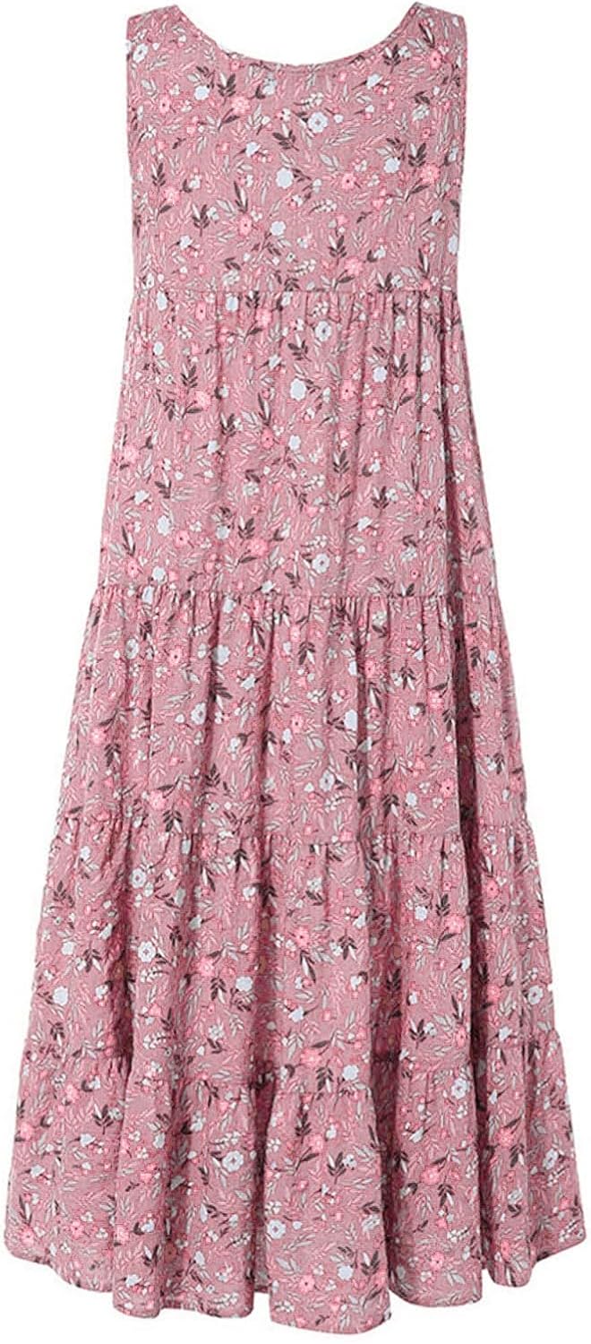 Ceboyel Women Boho Floral Maxi Dresses Flowy Tank Dress Sleeveless Smocked Sundresses Trendy Casual Beach Long Sun Dress
