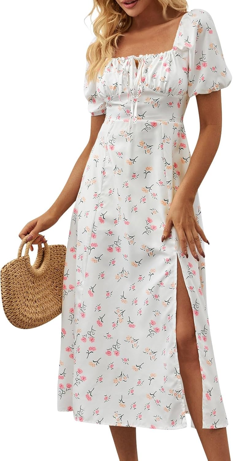 Women's Sundresses 2025 Summer Casual Loose Trendy Bubble Sleeve Square Neck Split Bow Floral Print Dress Plus Size, XS-3XL