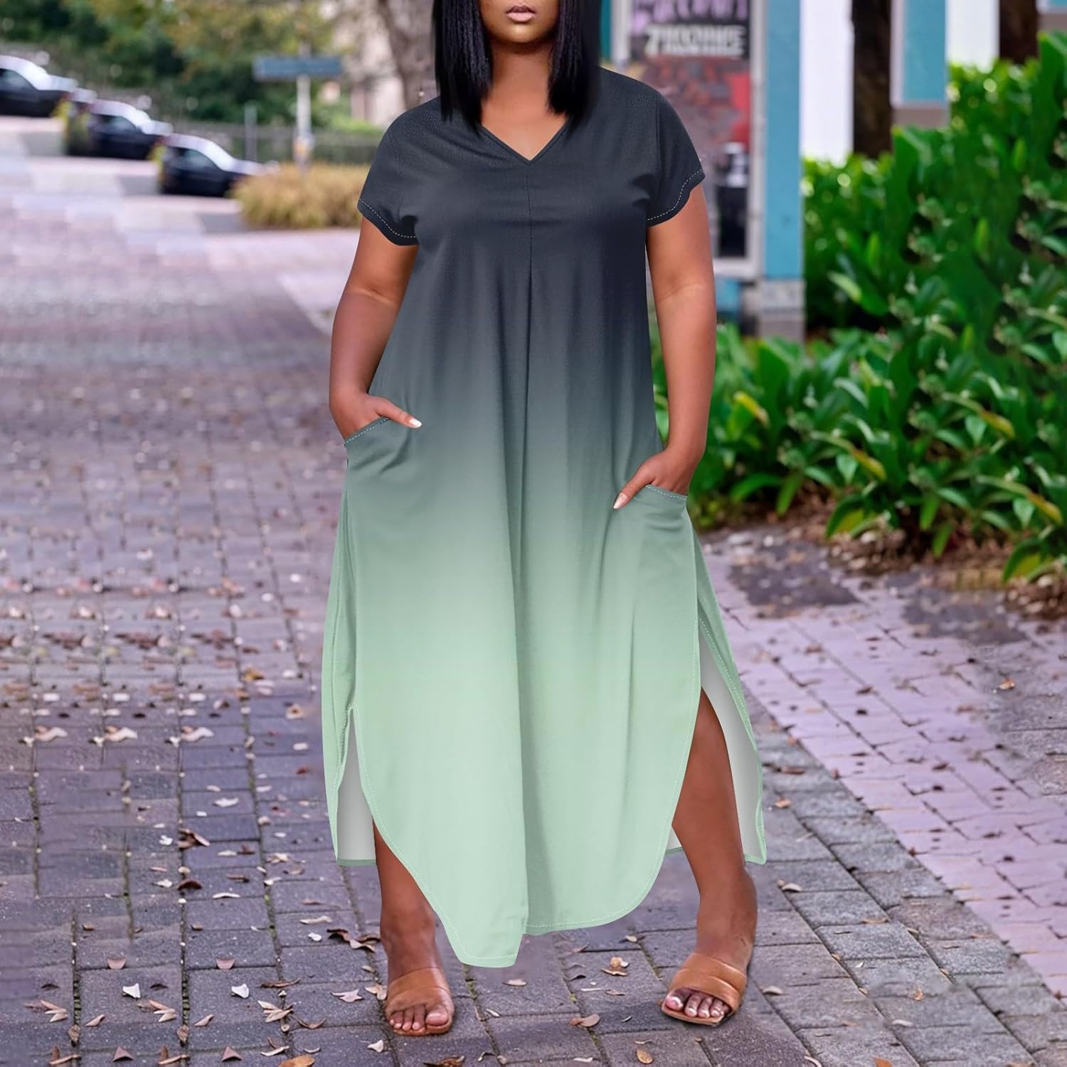 Maxi Dresses for Women 2025 Plus Size Tie Dye V Neck Dress Short Sleeve Side Split Beach Summer Sundress with Pocket