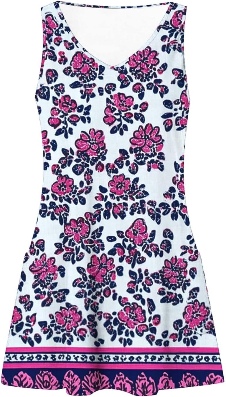 Womens 2025 Spring Summer Dresses Casual Floral Print V-Neck Tank Dress Curve Hem Pleated A-Line Sundresses