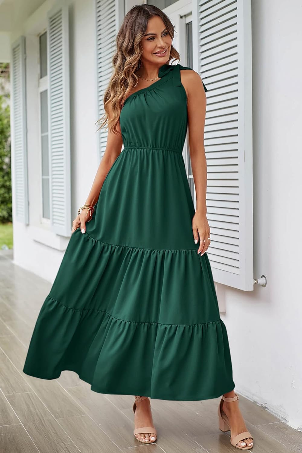 PRETTYGARDEN Women's Summer Floral Maxi Dress Knot One Shoulder Sleeveless Ruffle Flowy Boho Beach Wedding Guest Dresses