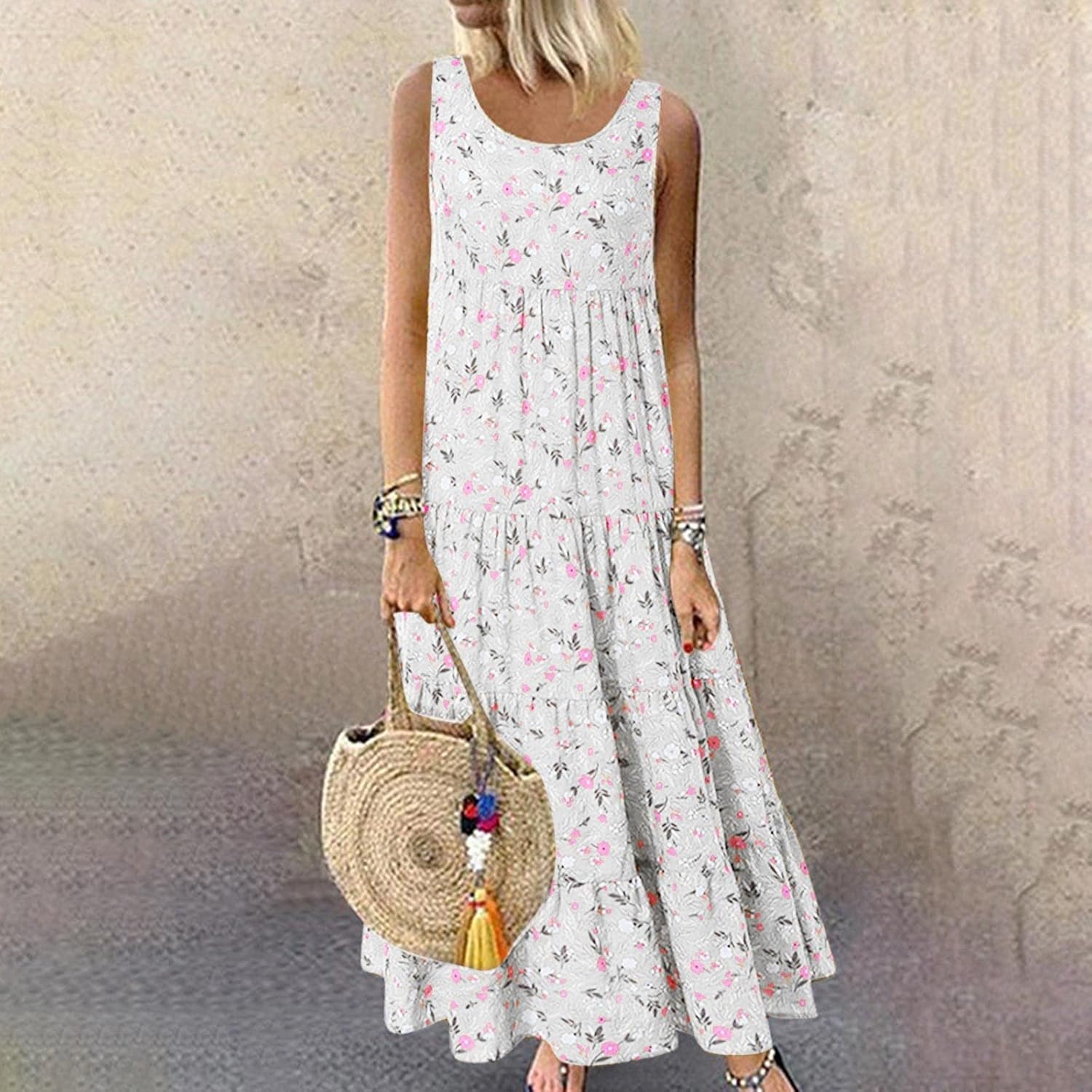 Ceboyel Women Boho Floral Maxi Dresses Flowy Tank Dress Sleeveless Smocked Sundresses Trendy Casual Beach Long Sun Dress