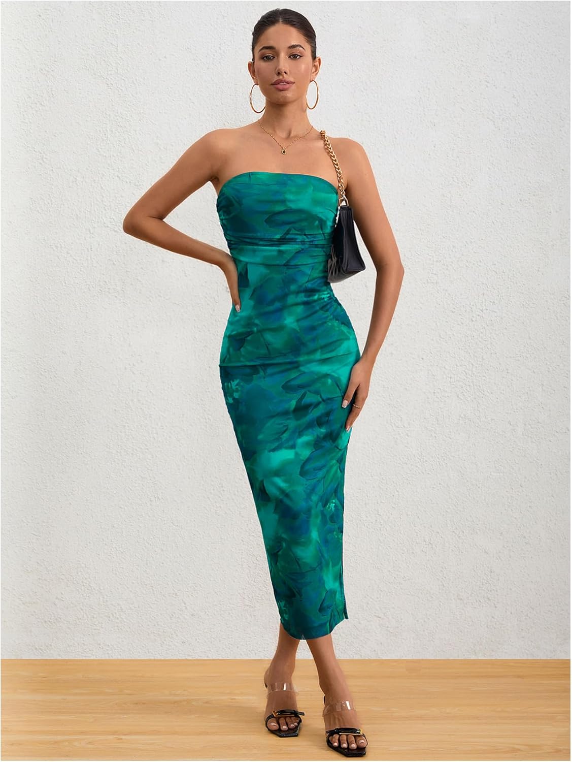 Milumia Women's Printed Strapless Tube Top Long Dress Slit Hem Sleeveless Bodycon Maxi Dresses