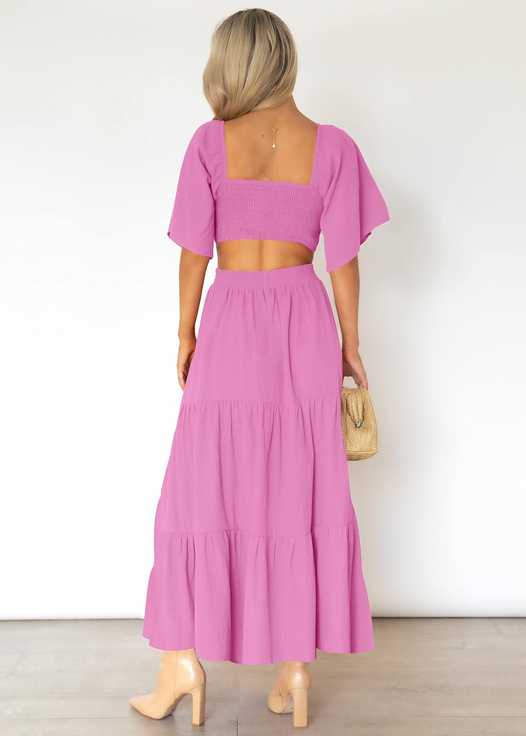 LEANI Women's 2025 Summer Cutout Maxi Dress Square Neck Short Sleeve Crossover Waist Casual Party Dresses