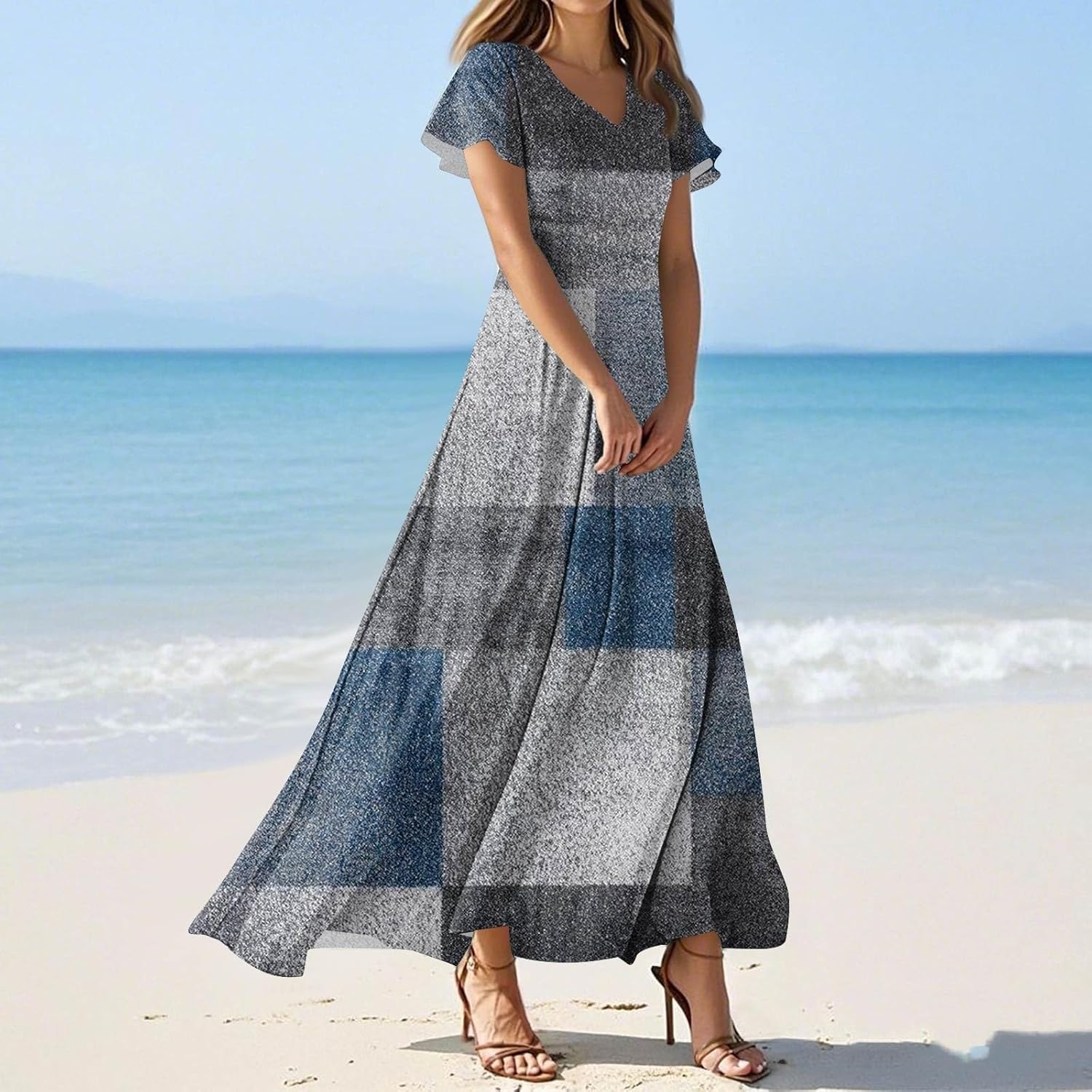 Womens Fashion V Neck Ruffle Short Sleeve Maxi Dress 2025 Summer Elegant Solid Color Flowy A Line Dresses