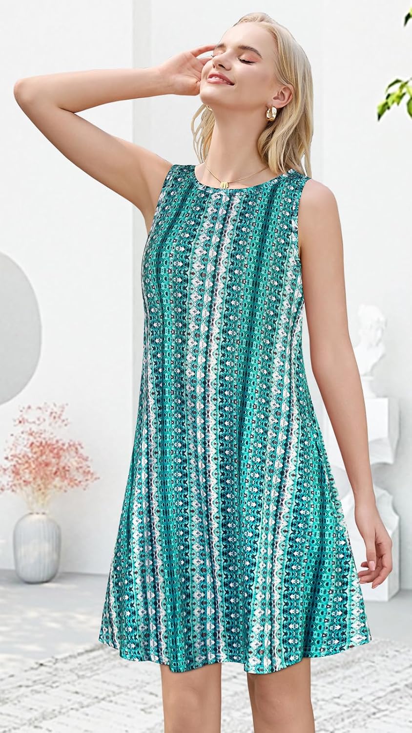 Summer Dresses for Women Beach Boho Sleeveless Vintage Floral Flowy Pocket Tshirt Tank Sundresses