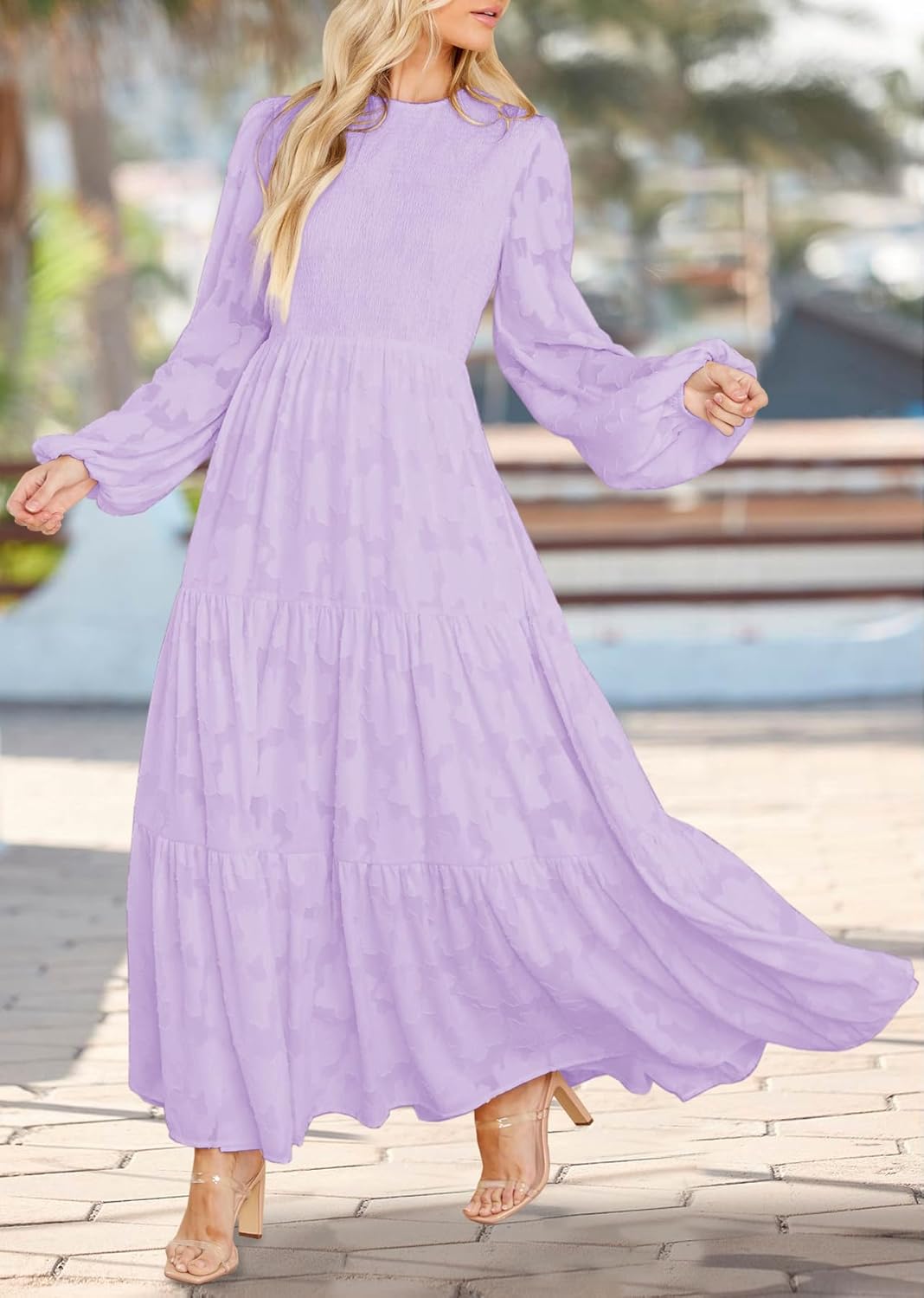 MITILLY Women's Elegant Floral Long Sleeve Round Neck Smocked A-Line Flowy Tiered Maxi Dress with Pockets